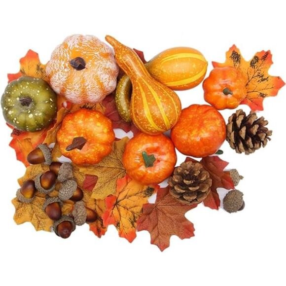50-Piece Fall Pumpkins Decor Set: Mini Artificial Gourds, Leaves & Acorns - Picture 7 of 7